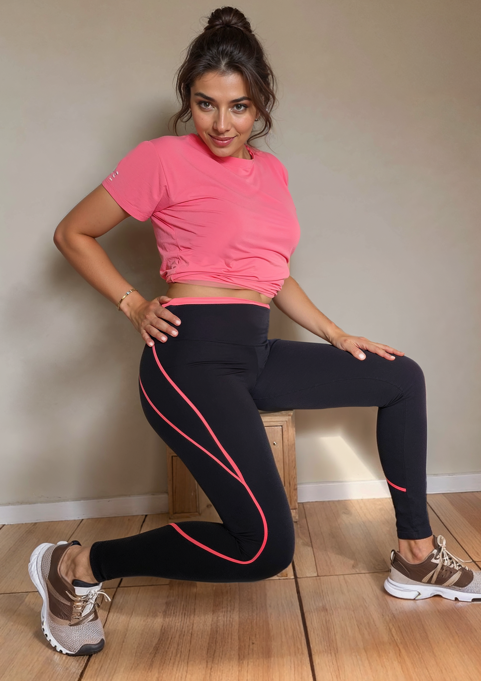 Calça estileto preta com rosa gloss